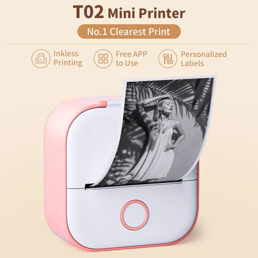 -Portable Mini Thermal Printer, T02 Pocket Label Printer, DIY Self-Adhesive Sticker Label Machine, Various Paper